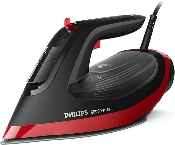 Philips Steam Iron 6000 Series - 2800W, 50g/min Continuous Steam, 220g Steam Boost, SteamGlide Plus Soleplate, 300ml Water Capacity, Black/Red - DST6130/46