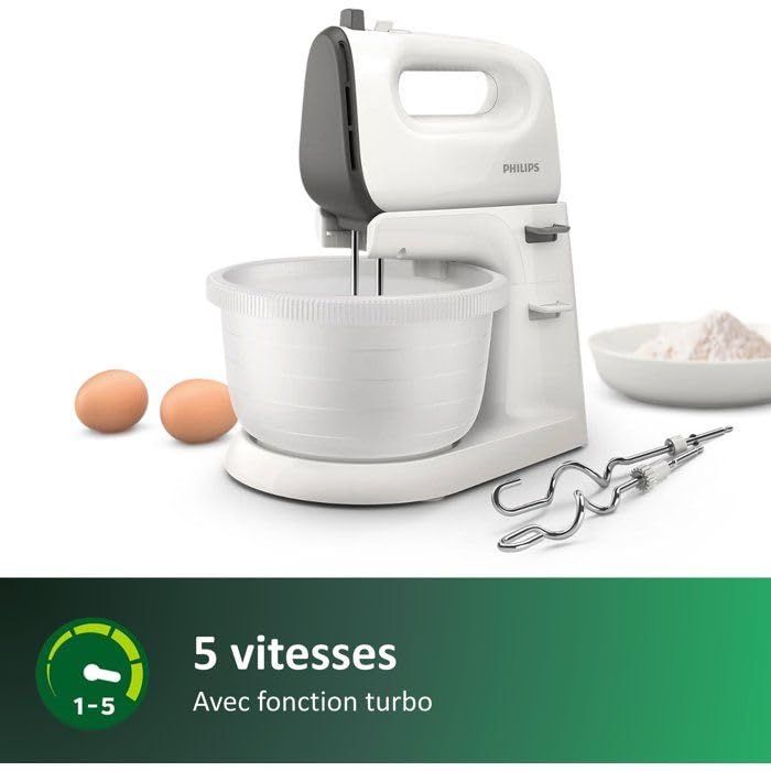Versuni Philips HR3745/00 Mixer Daily with 5 speeds and Turbo, Stainless Steel Hooks, Container Included, 450 W, White