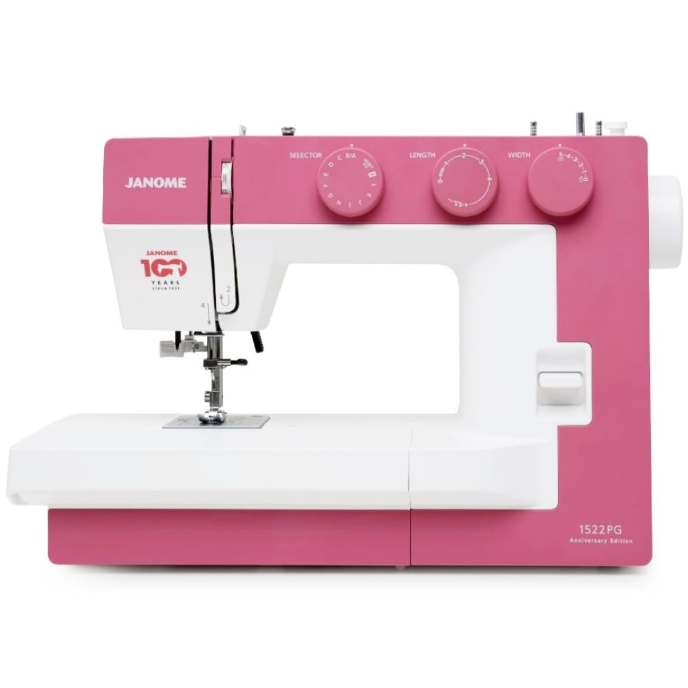 Janome 1522PG Pink Mechanical Sewing Machine | 22 Integrated Stitches | 1 Step Automatic Eyelet | Automatic Threader | Free Arm | LED Light | Anniversary Edition
