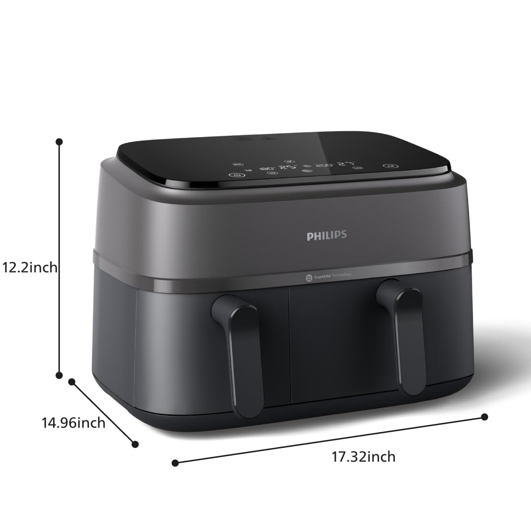 Philips Dual Basket Air Fryer 3000 Series, 8-in-1 functions, 9.5 Quarts, 2 Drawers, Auto-sync Cooking Time, 90% Less Fat, Rapid Air Technology, HomeID Recipe App, Dishwasher Safe
