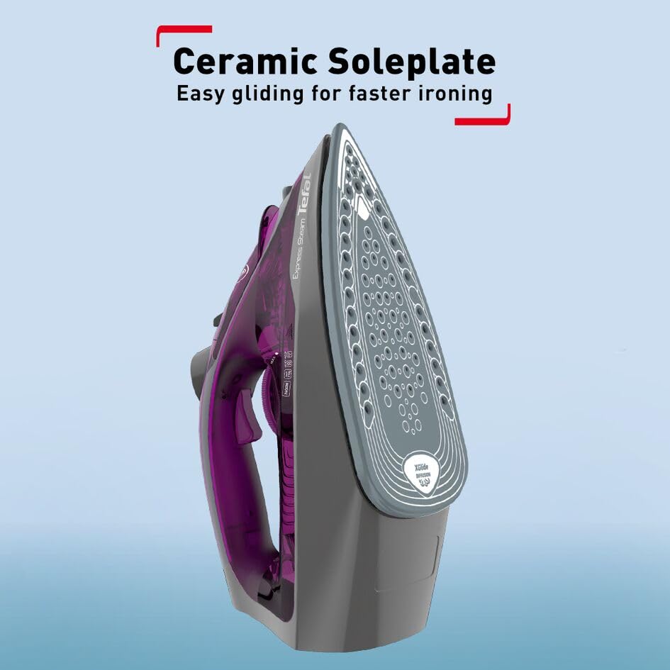 TEFAL Steam Iron | Express Steam Iron Steamer | 2600 W | 270 ml | Anti-scale | Purple | Ceramic Soleplate | 2 Years Warranty | FV2843M0