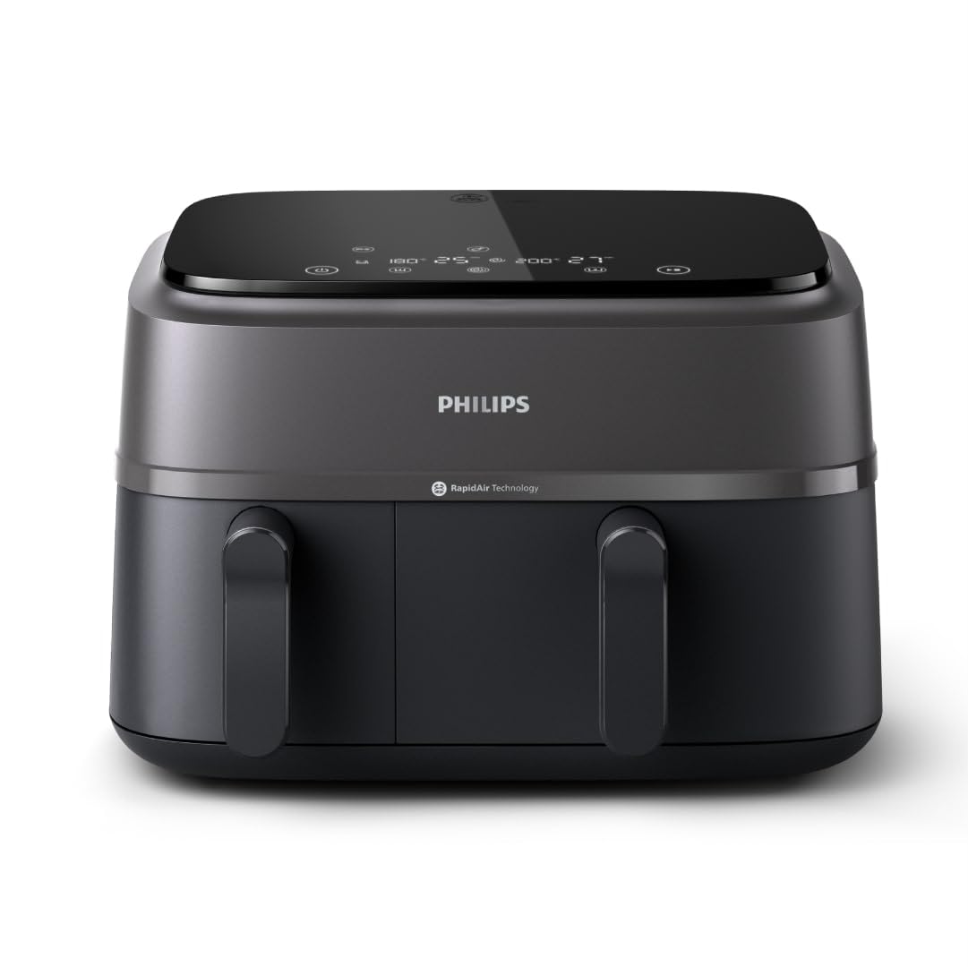 Philips Dual Basket Air Fryer 3000 Series, 8-in-1 functions, 9.5 Quarts, 2 Drawers, Auto-sync Cooking Time, 90% Less Fat, Rapid Air Technology, HomeID Recipe App, Dishwasher Safe