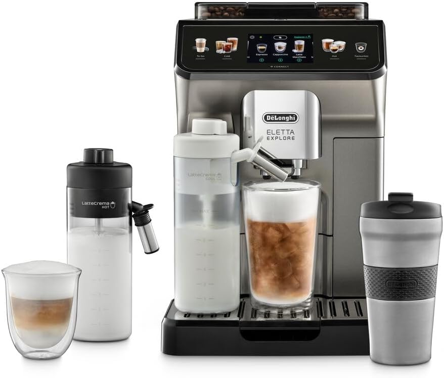 De'Longhi Eletta Explore Bean to Cup coffee machine with Latte cream Hot and cool Technology, Cold extraction technology, with 3.5"TFT display and soft control, wifi connectivity-Titanium,ECAM450.86.T