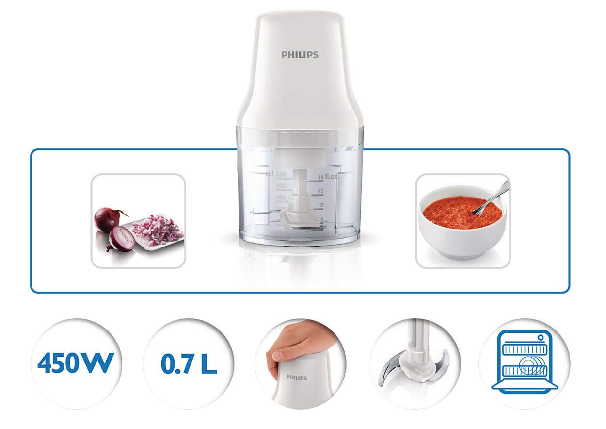 PHILIPS Daily Collection Chopper HR1393/01, 450W, Easy press down operation, Large 0.7 L bowl, White, Stainless steel blade