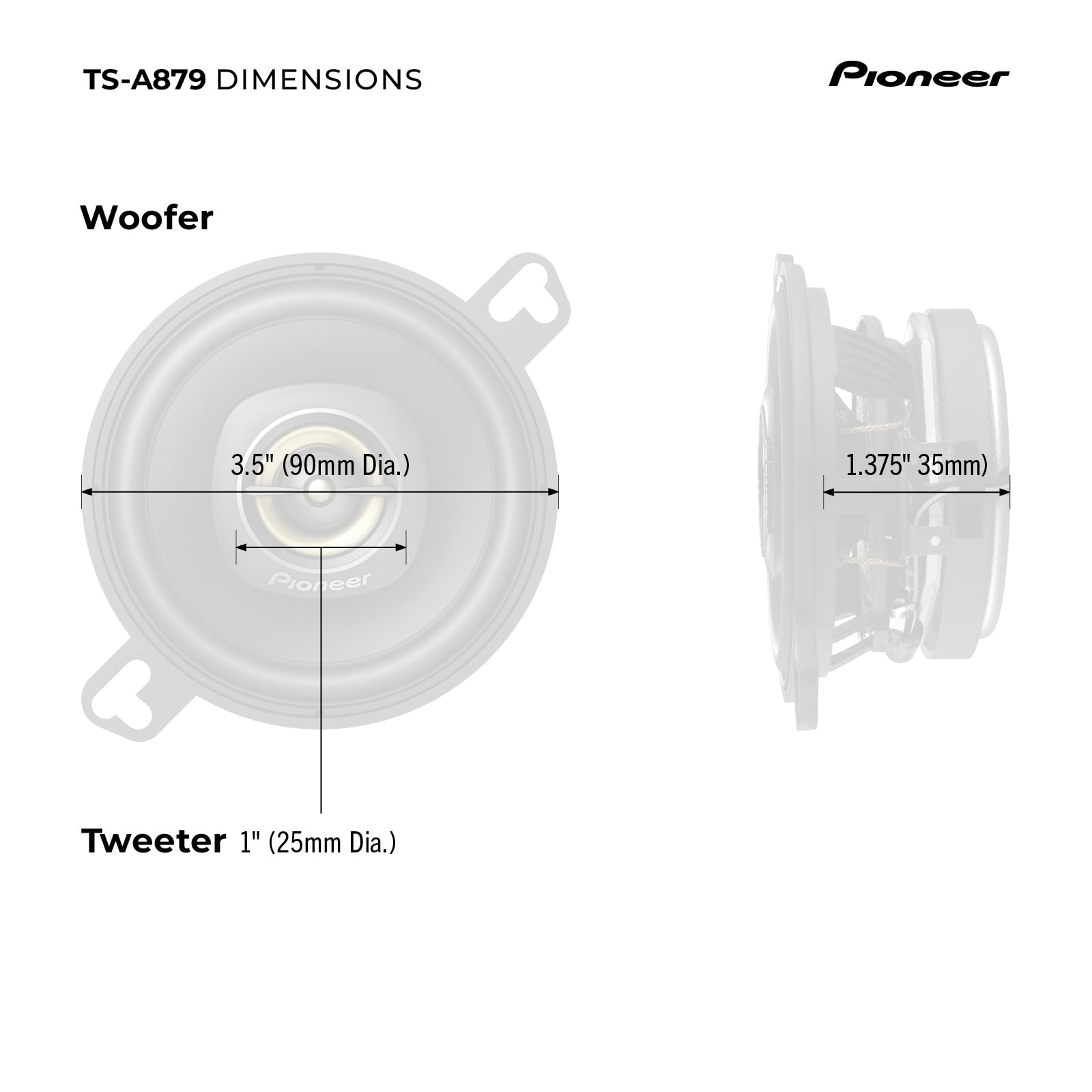 Pioneer TS-A879 A Series 3-1/2” 2-Way, 450 W Max Power, 25mm Tweeter – Coaxial Speaker (Pair) Black
