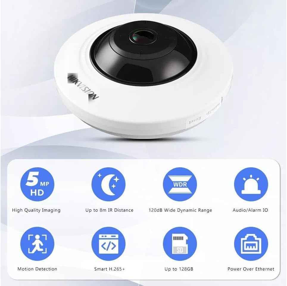 DS-2CD2955G0-ISU(1.05mm) 5MP IR WDR POE Network Fisheye Dome Camera, Audio and Alarm Inputs and Outputs, RJ45 Connection