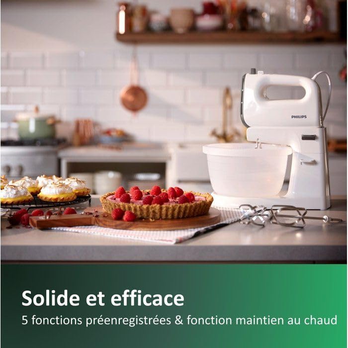 Versuni Philips HR3745/00 Mixer Daily with 5 speeds and Turbo, Stainless Steel Hooks, Container Included, 450 W, White