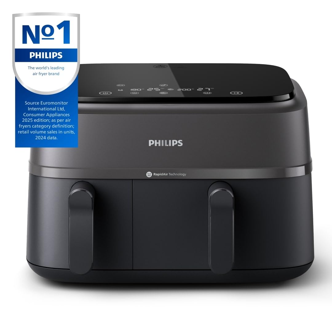 Philips Dual Basket Air Fryer 3000 Series, 8-in-1 functions, 9.5 Quarts, 2 Drawers, Auto-sync Cooking Time, 90% Less Fat, Rapid Air Technology, HomeID Recipe App, Dishwasher Safe