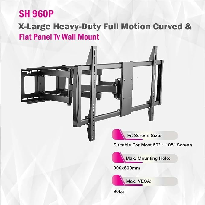 SH-960P Heavy-Duty Full Motion TV Wall Mount for 60–105" Curved & Flat TVs – 80kg Load – Tilt, Swivel, Universal VESA – Black