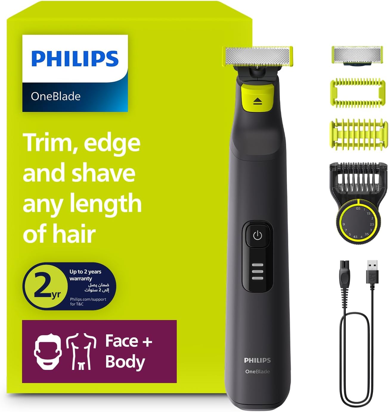 فيليبس OneBlade Pro ماكينة للوجه والجسم QP6542/10، للتشذيب والحلاقة مع مشط دقيق بـ 12 طولاً، مقاومة للماء، استخدام لاسلكي لمدة 90 دقيقة