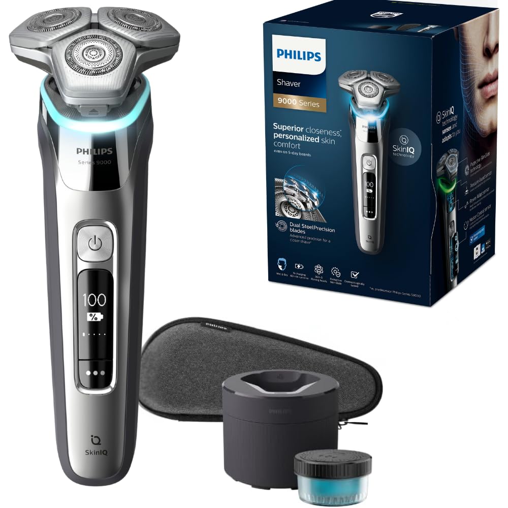 Philips Shaver Series 9000 SkinIQ with Pressure Guard Sensor, Dual SteelPrecision Blades, 360-D Flexing Heads, Chrome, S9985/50