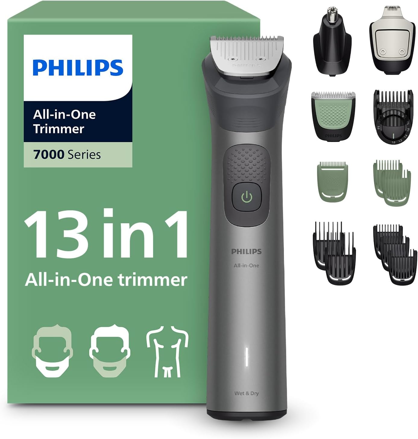 ماكينة التشذيب متعددة الاستخدامات MG7922/15 من Philips | مجموعة عناية 13 في 1 لتشذيب الوجه والشعر والجسم | مشط دقيق لتسريح مثالي | 120 دقيقة من الاستخدام اللاسلكي، مقاومة للماء