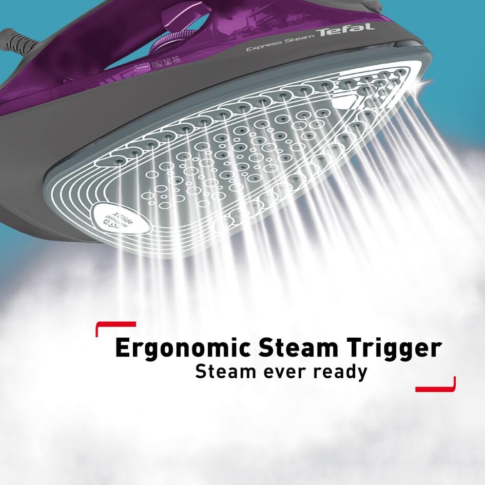 TEFAL Steam Iron | Express Steam Iron Steamer | 2600 W | 270 ml | Anti-scale | Purple | Ceramic Soleplate | 2 Years Warranty | FV2843M0
