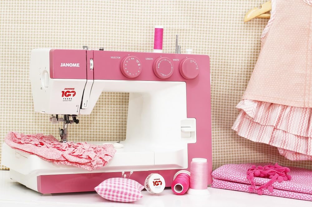 Janome 1522PG Pink Mechanical Sewing Machine | 22 Integrated Stitches | 1 Step Automatic Eyelet | Automatic Threader | Free Arm | LED Light | Anniversary Edition