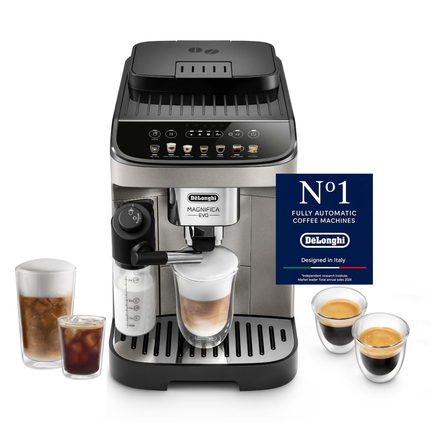 De'Longhi Magnifica EVO Bean to Cup Fully Automatic Coffee Machine, Traditional Milk Frother, Built In Grinder, ECAM290.81.TB, Titanium & Black,