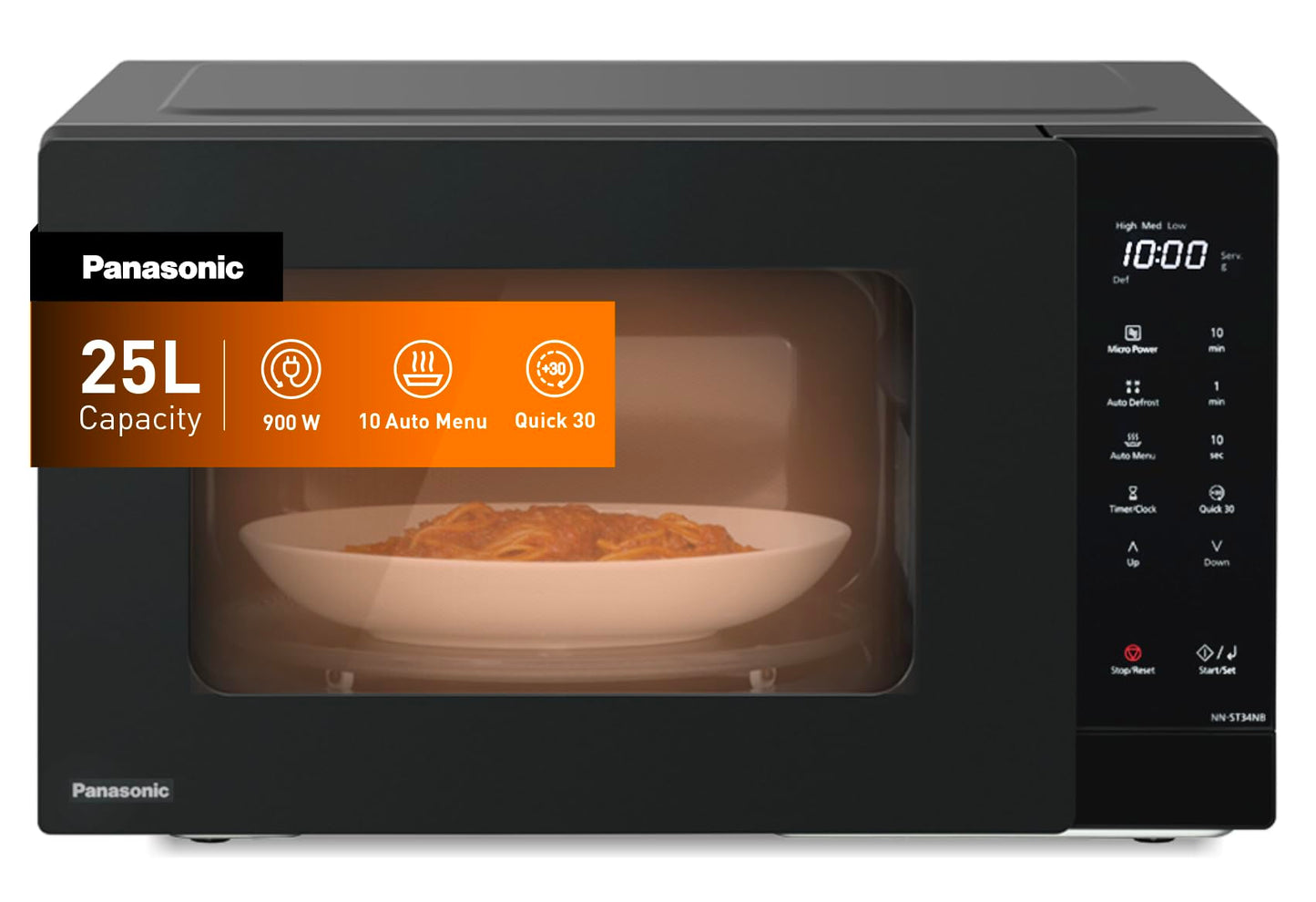 Panasonic 25L Solo Microwave Oven, 900W Power, 5 Power Levels, 10 Auto Programs, Quick 30 Function & Auto Defrost, Compact Countertop Microwave, Large Interior, Black, 1 Year Warranty – NN-ST34NBKPQ