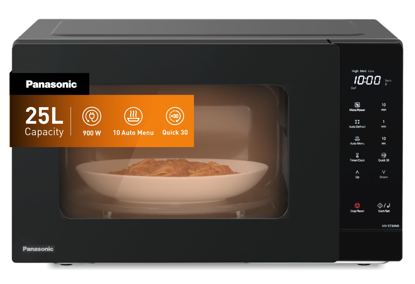 Panasonic 25L Solo Microwave Oven, 900W Power, 5 Power Levels, 10 Auto Programs, Quick 30 Function & Auto Defrost, Compact Countertop Microwave, Large Interior, Black, 1 Year Warranty – NN-ST34NBKPQ