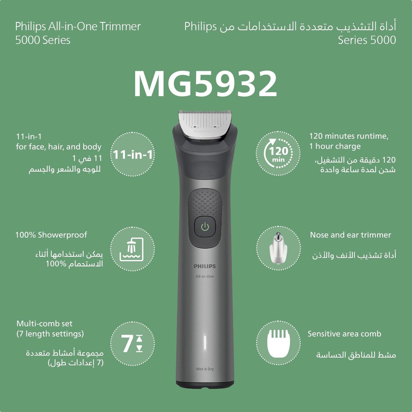 ماكينة التشذيب متعددة الاستخدامات MG7922/15 من Philips | مجموعة عناية 13 في 1 لتشذيب الوجه والشعر والجسم | مشط دقيق لتسريح مثالي | 120 دقيقة من الاستخدام اللاسلكي، مقاومة للماء
