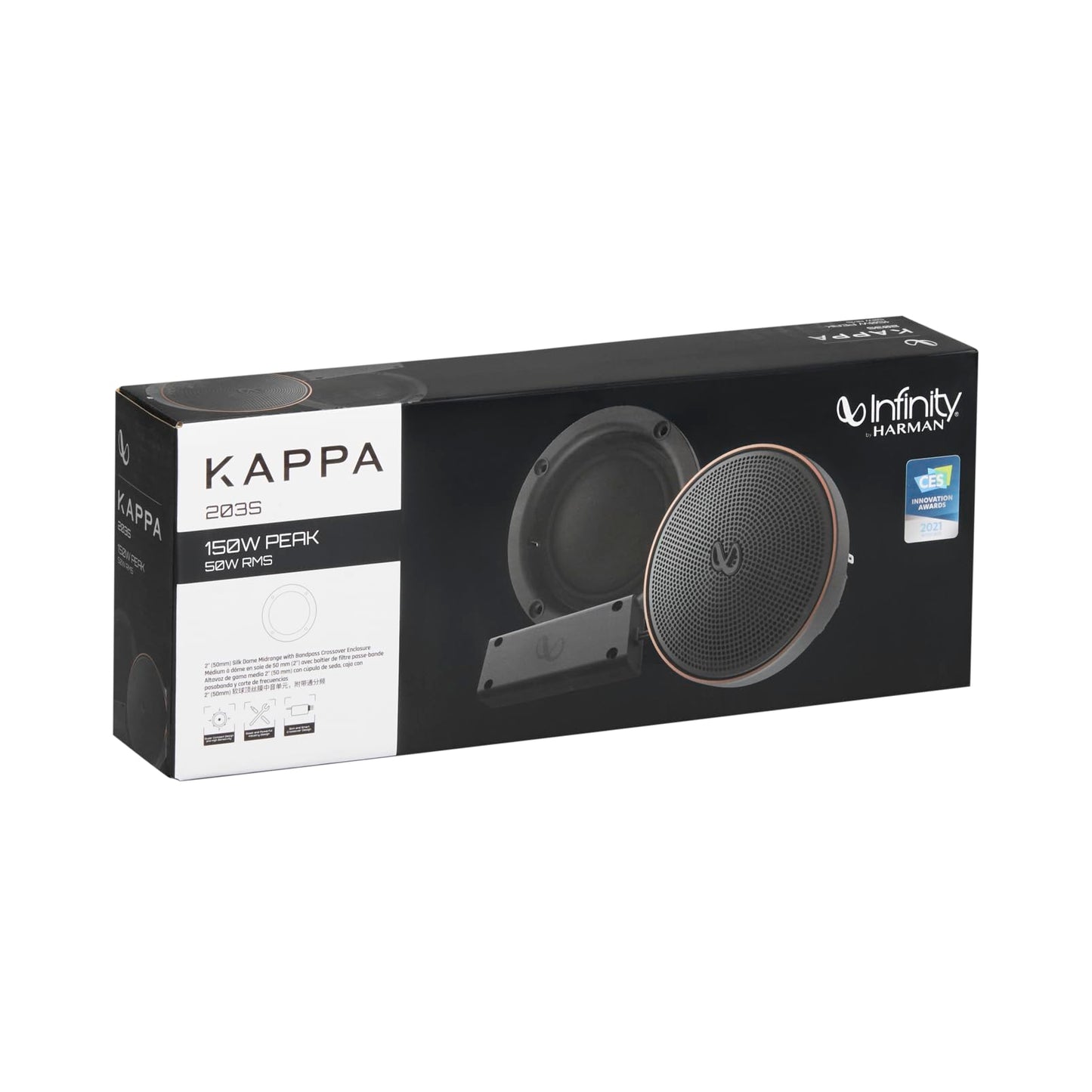 Infinity Kappa 203S - 2" (50mm) Silk Dome Midrange with Bandpass Crossover Enclosure, 50Wrms, 150W Peak, Sensitivity (@ 2.83V): 94dB, Frequency Response: 500Hz – 7kHz, Impedance: 3.0ohms
