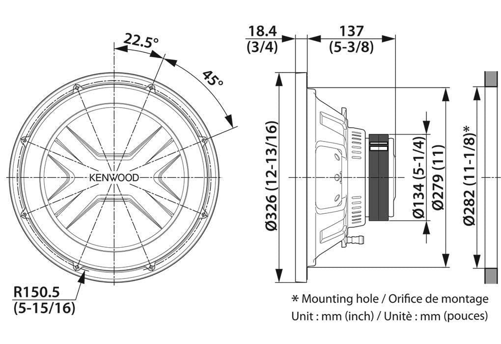 Kenwood Car Audio KFC-PS3017W PS-Serie Subwoofer, 30 cm, 2000 W, Single VC, 4 Ohm