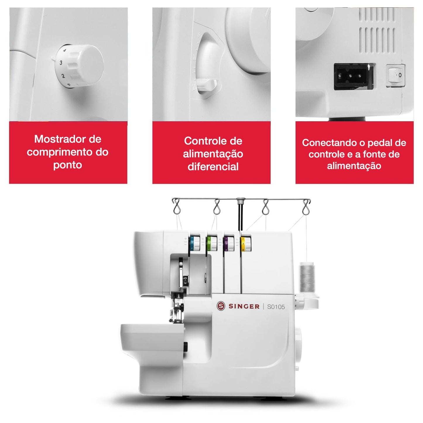 Singer SGM-S0105 Serger Overlocker Machine, 2/3/4 Thread Capacity, 6 Built-In Stitches, 1,300 Stitches Per Minute, Adjustable Stitch Length and Width, Free Arm, and LED Light