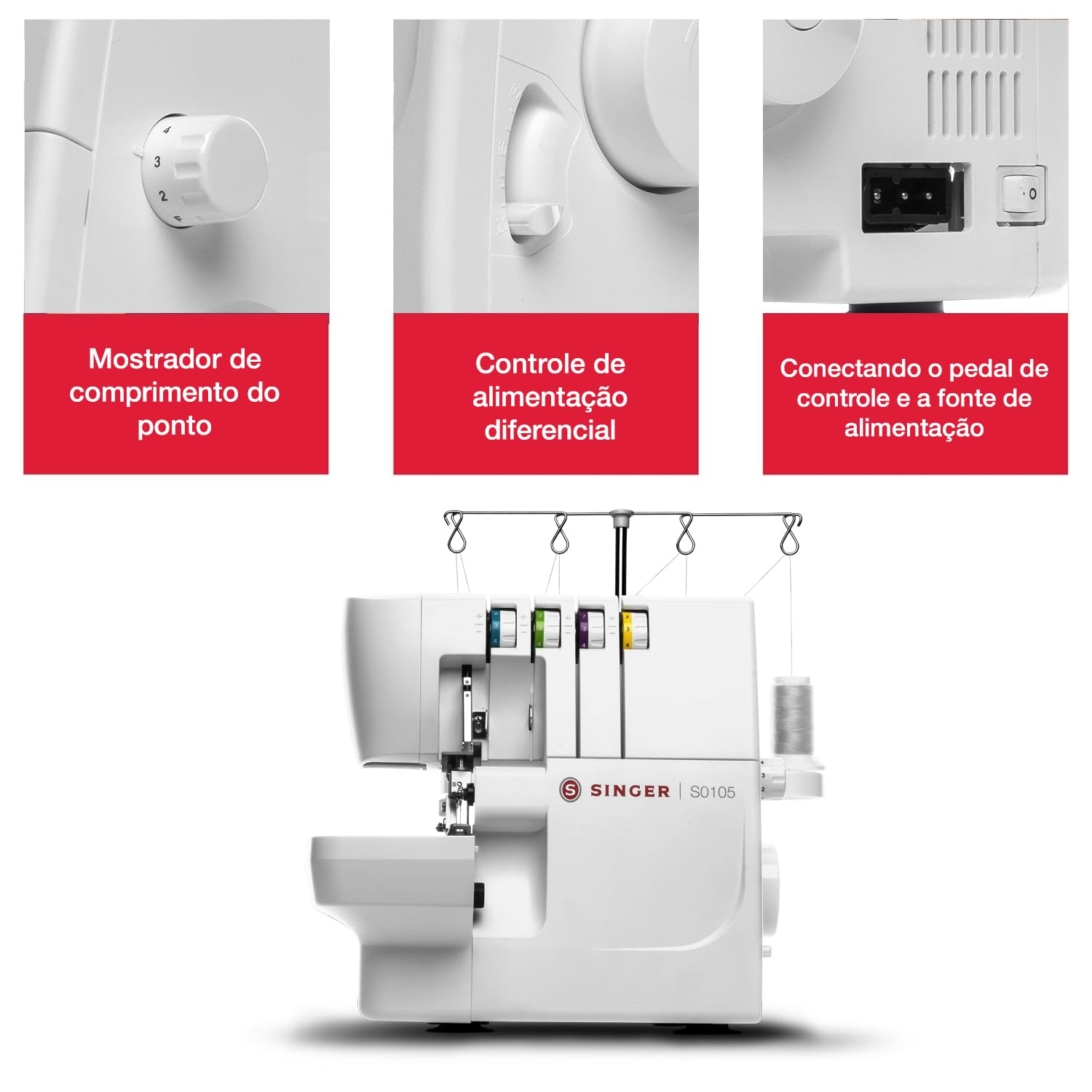 Singer SGM-S0105 Serger Overlocker Machine, 2/3/4 Thread Capacity, 6 Built-In Stitches, 1,300 Stitches Per Minute, Adjustable Stitch Length and Width, Free Arm, and LED Light