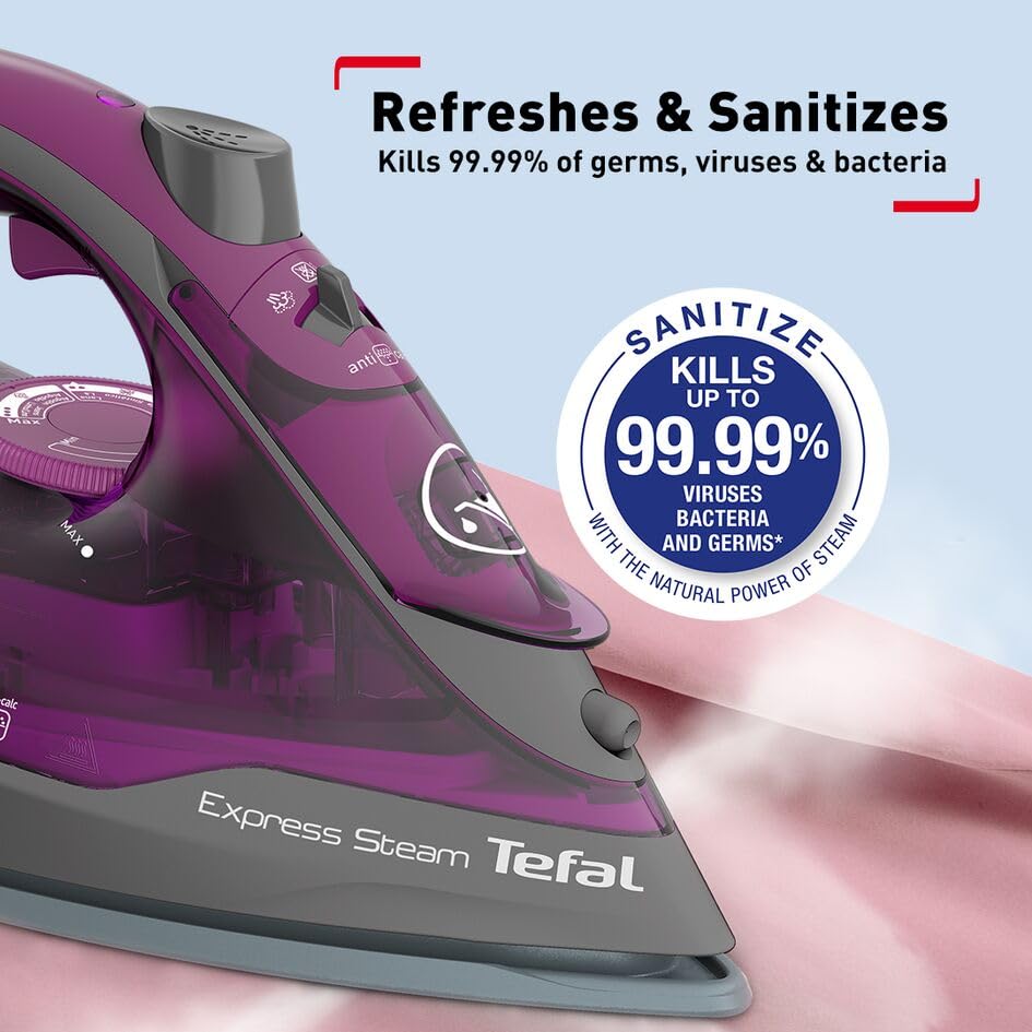 TEFAL Steam Iron | Express Steam Iron Steamer | 2600 W | 270 ml | Anti-scale | Purple | Ceramic Soleplate | 2 Years Warranty | FV2843M0