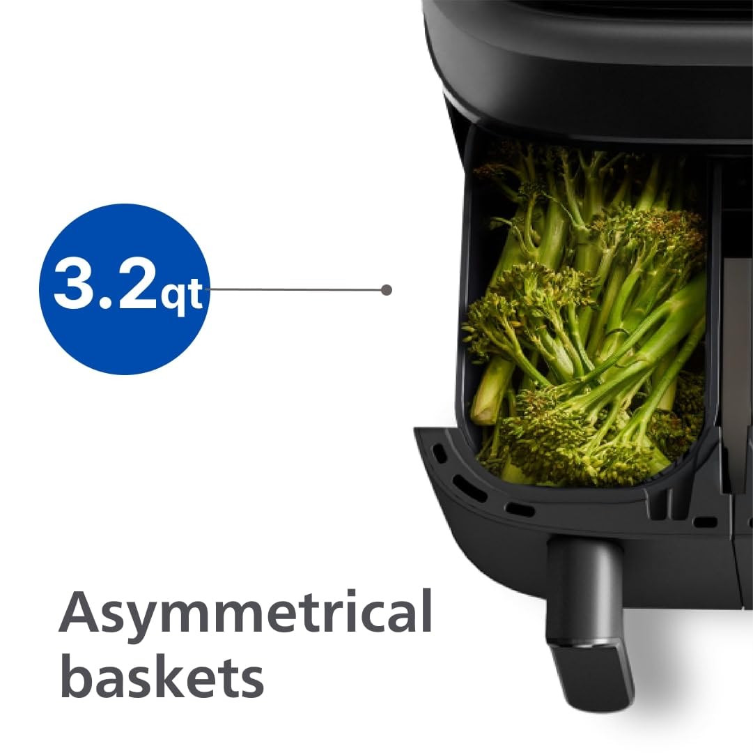 Philips Dual Basket Air Fryer 3000 Series, 8-in-1 functions, 9.5 Quarts, 2 Drawers, Auto-sync Cooking Time, 90% Less Fat, Rapid Air Technology, HomeID Recipe App, Dishwasher Safe