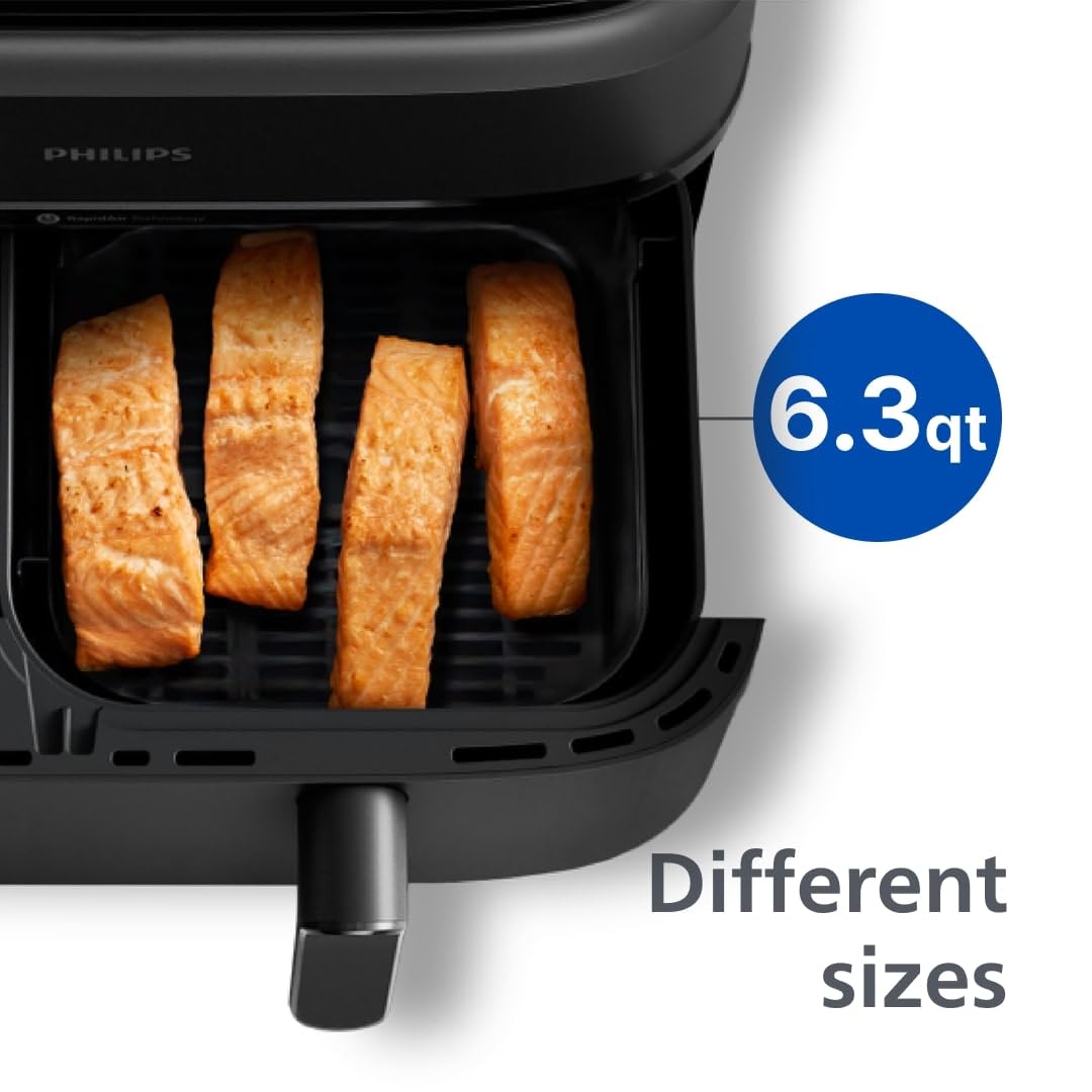 Philips Dual Basket Air Fryer 3000 Series, 8-in-1 functions, 9.5 Quarts, 2 Drawers, Auto-sync Cooking Time, 90% Less Fat, Rapid Air Technology, HomeID Recipe App, Dishwasher Safe