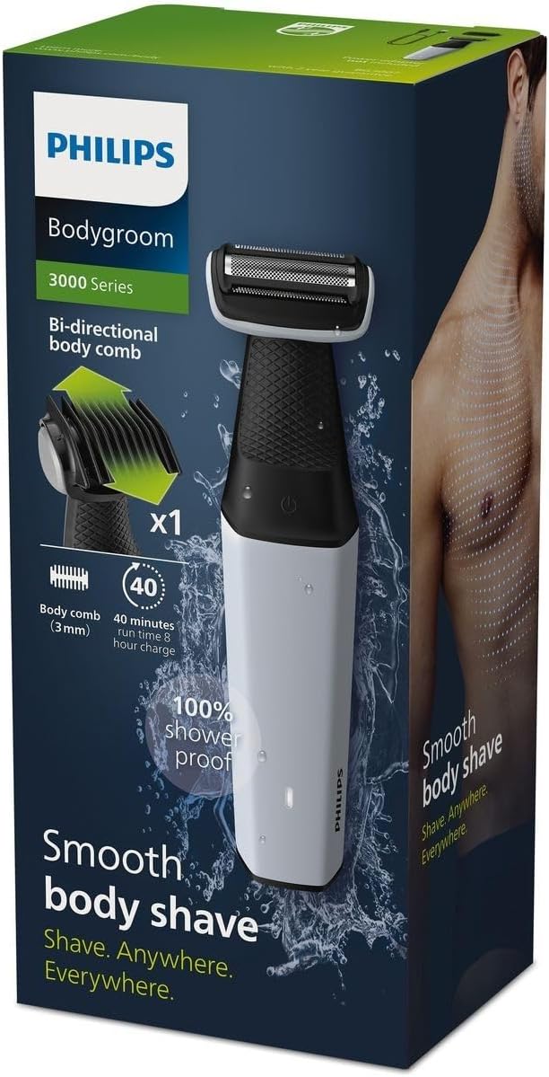 ماكينة تشذيب شعر الجسم BG7025/13 من Philips | أداة تشذيب الجسم والفخذين المقاومة للماء | أداة لحلاقة شعر الجسم، مشط قابل للتعديل بـ 5 إعدادات للطول | 80 دقيقة من الاستخدام اللاسلكي، حماية للبشرة