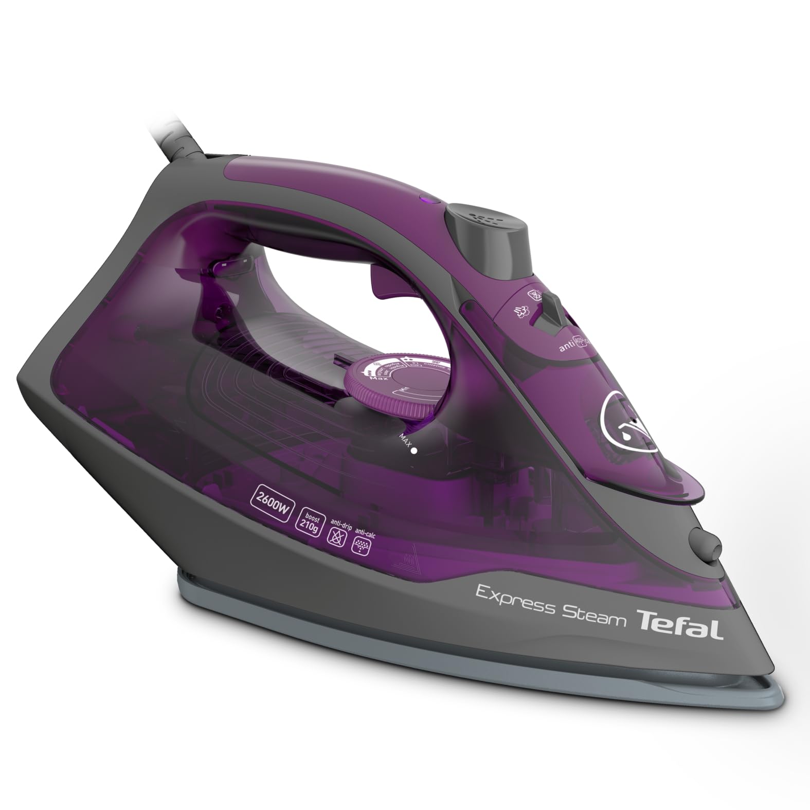 TEFAL Steam Iron | Express Steam Iron Steamer | 2600 W | 270 ml | Anti-scale | Purple | Ceramic Soleplate | 2 Years Warranty | FV2843M0