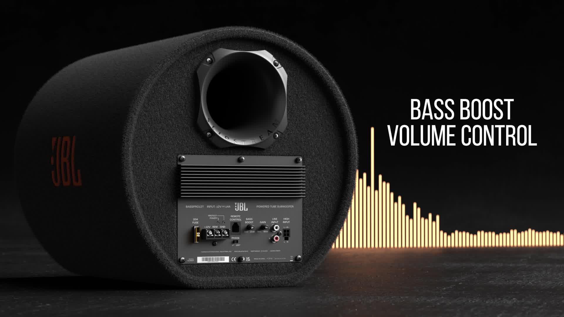 JBL BassPro Tube 12 Inch 30 cm Subwoofer Auto Active, Tube Bass Box with 450 W Max Class D Amplifier, Powerful Bass Amplification Complete Solution, Patented Deep Bass Slipstream Port, Remote Control