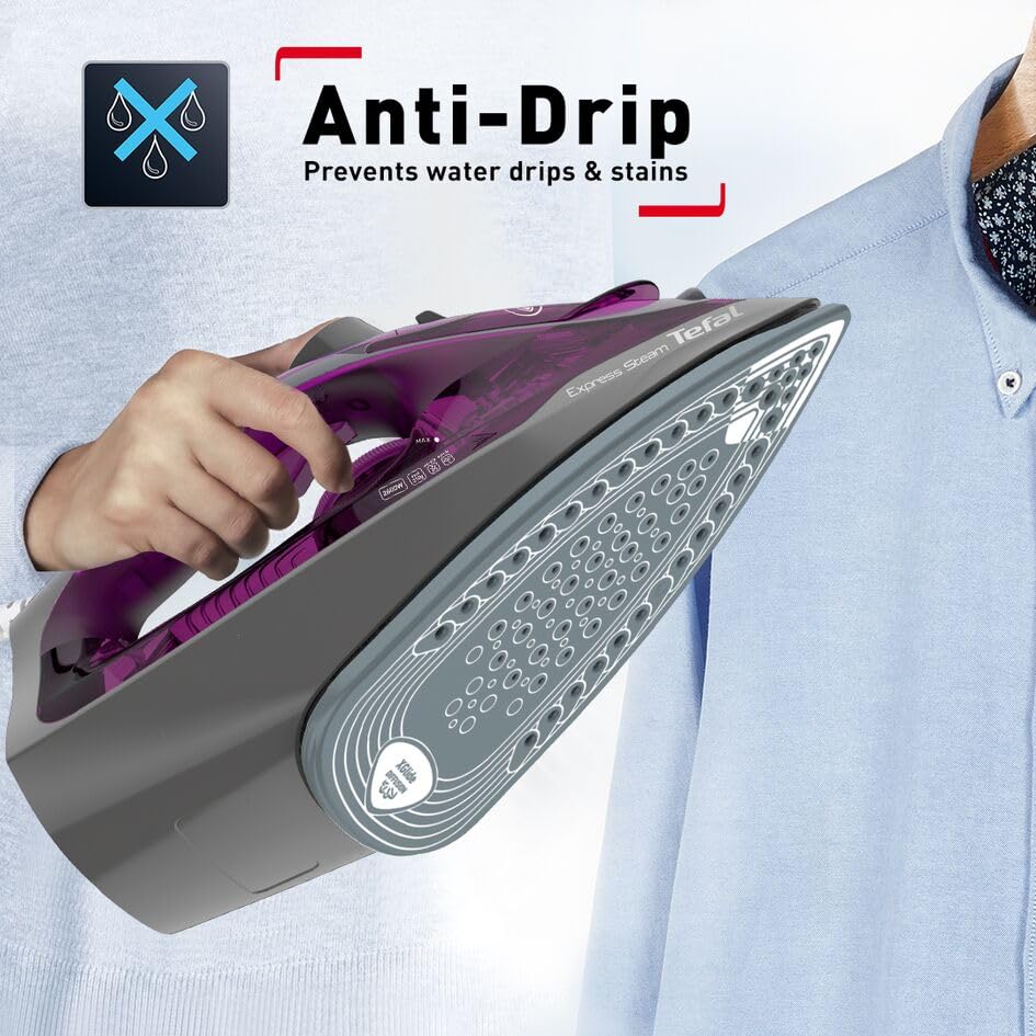 TEFAL Steam Iron | Express Steam Iron Steamer | 2600 W | 270 ml | Anti-scale | Purple | Ceramic Soleplate | 2 Years Warranty | FV2843M0