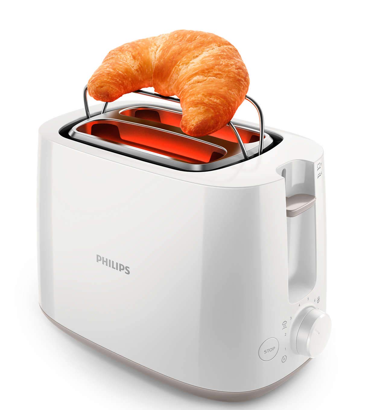 PHILIPS 2 Slice Daily Collection Toaster HD2581/01, With 8 settings and integrated bun warming rack, 2 large variable slots for different size of bread