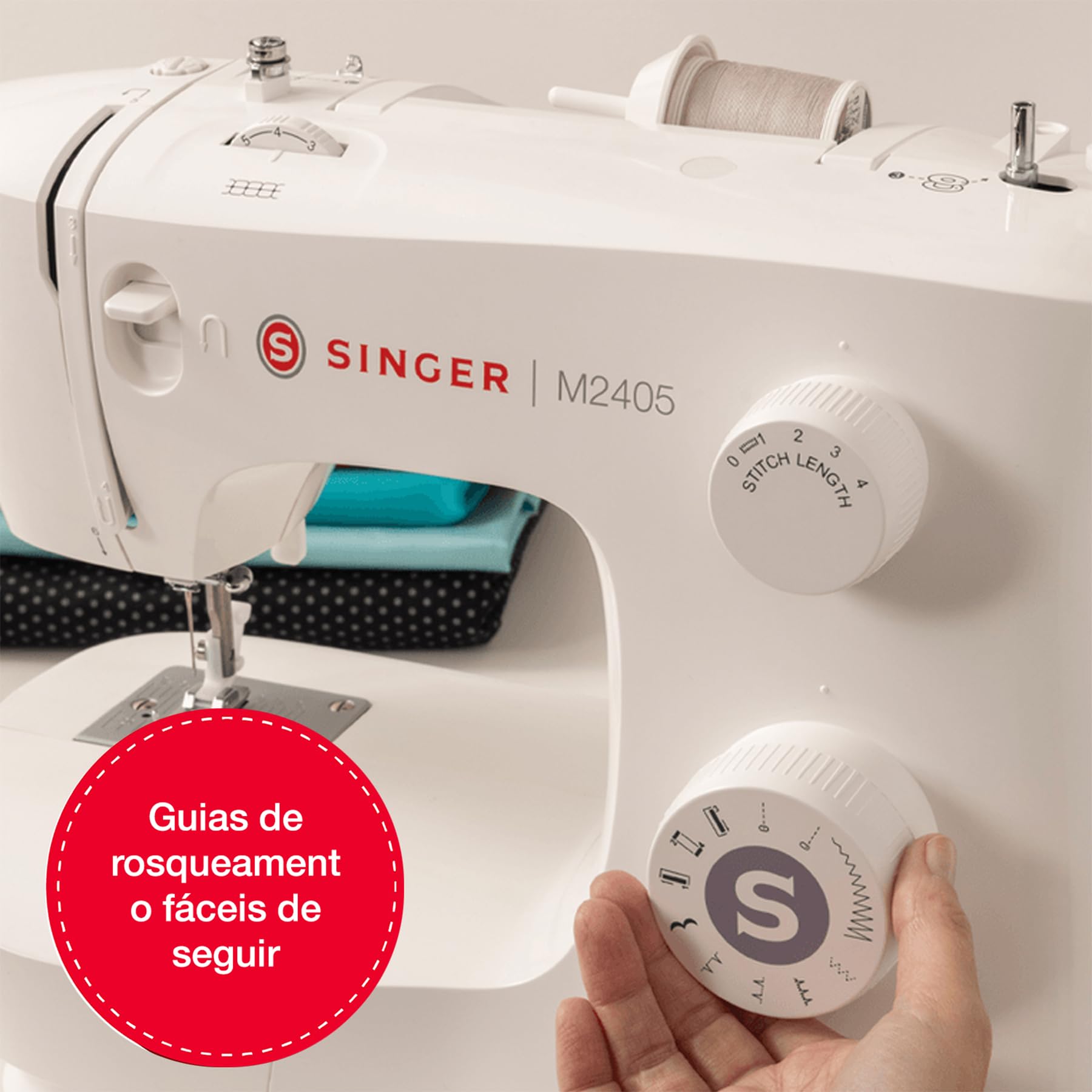 Singer M2405 Portable Sewing Machine, 8 Built-in Stitches, 4 Step Buttonhole, Foot Controller, Stitch Selection Dial, LED Light, Adjustable Stitch Length, Free Arm, Accessories Kit
