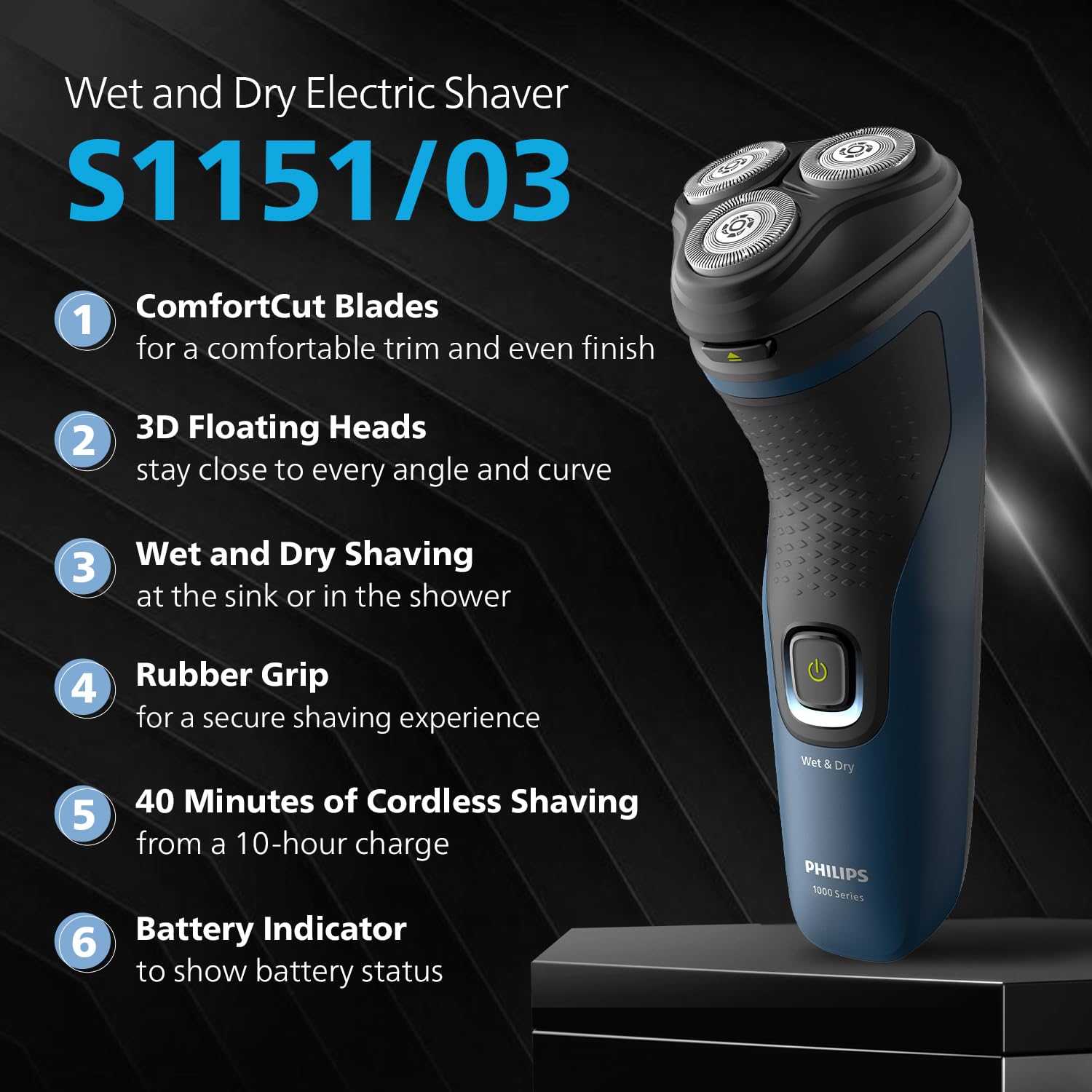 Philips Men's Electric Shaver, Wet and Dry Shaving, 3D Floating Heads, 27 Self-Sharpening Blades, Cordless, Waterproof S1151/03 (New Model)