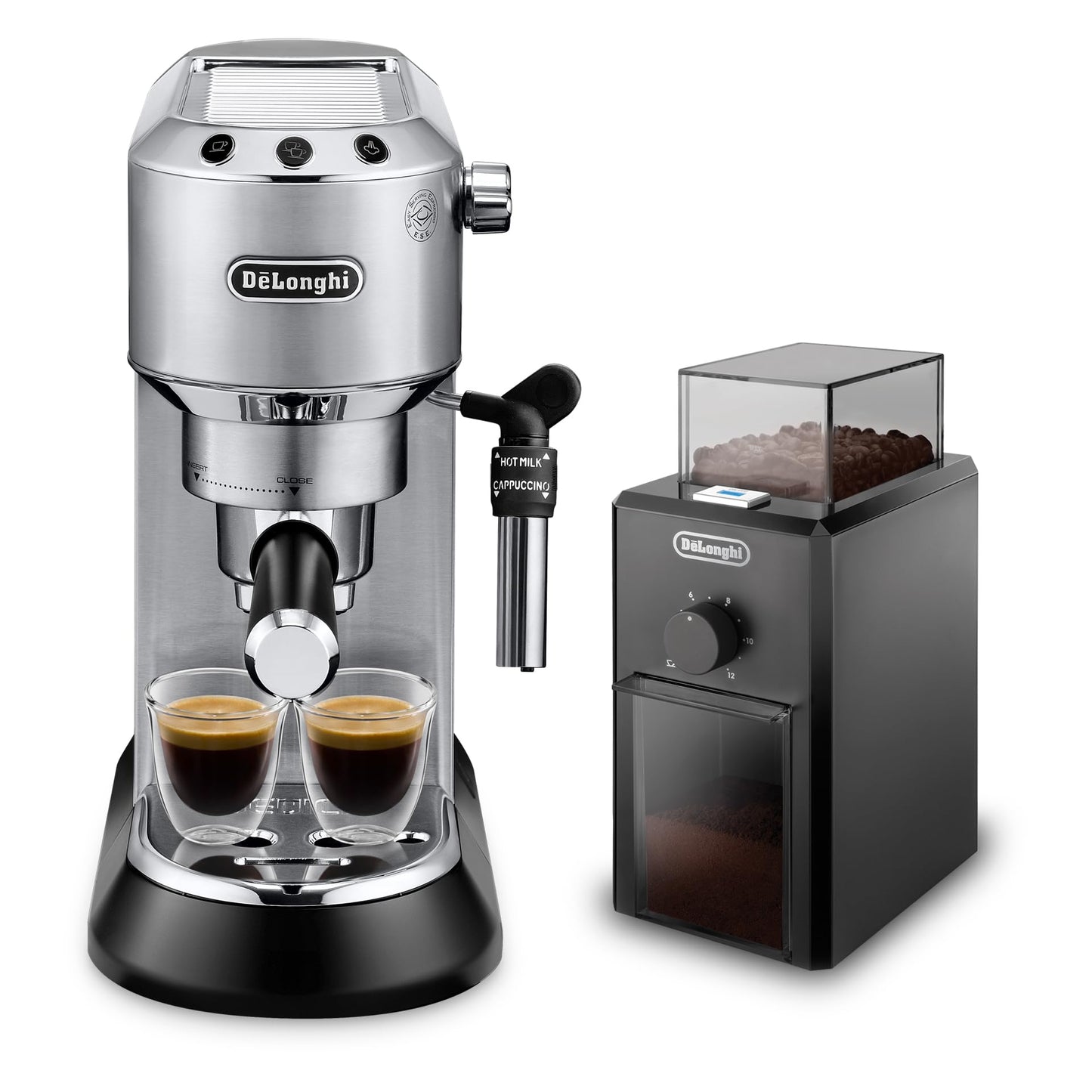 De'Longhi Dedica Pump Espresso Manual Coffee Machine with FREE Electric Coffee Grinder | Cappuccino, Latte, Milk Frother | Stainless Steel Grinding Blade With 12 Settings | EC685.M+KG79 (Metal)