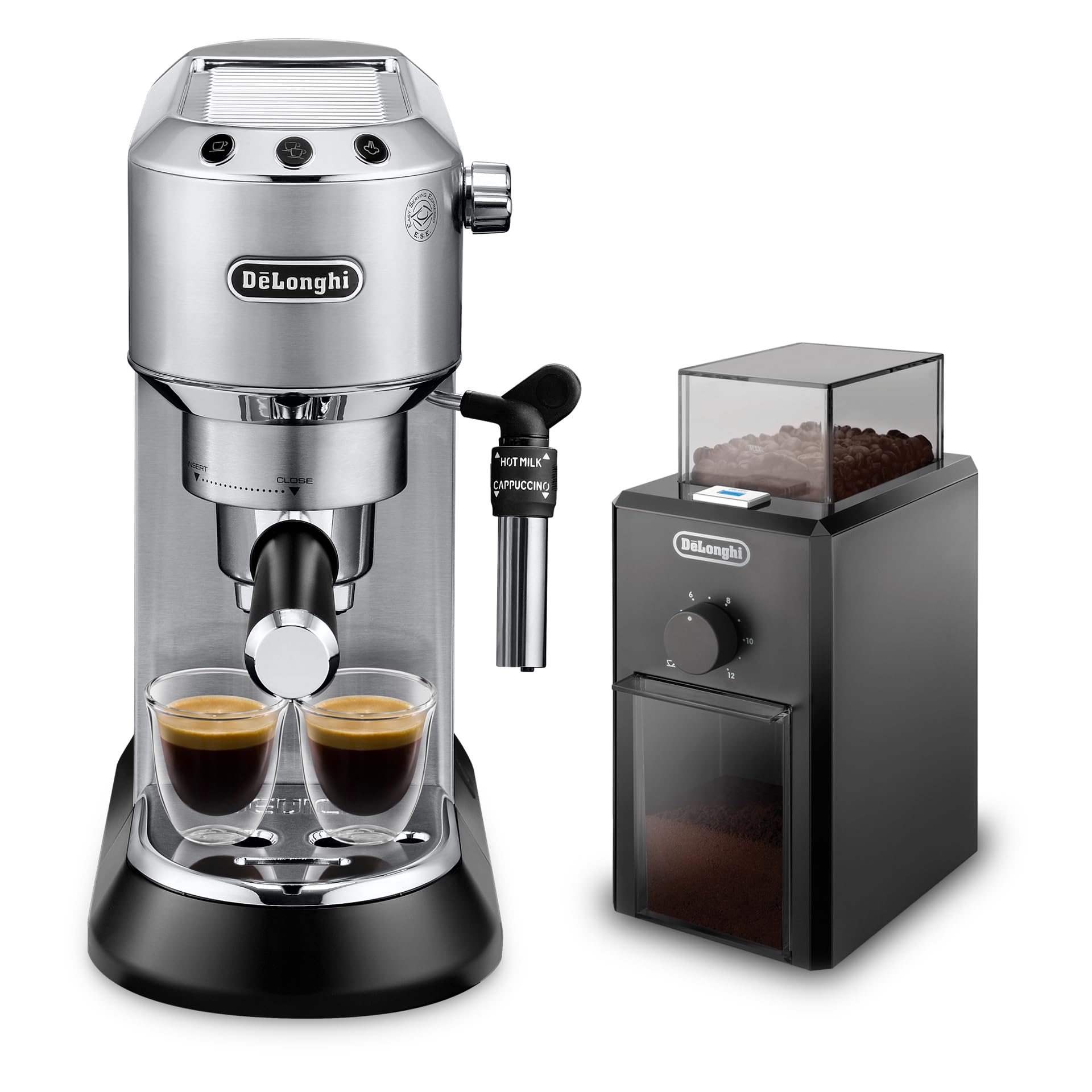 De'Longhi Dedica Pump Espresso Manual Coffee Machine with FREE Electric Coffee Grinder | Cappuccino, Latte, Milk Frother | Stainless Steel Grinding Blade With 12 Settings | EC685.M+KG79 (Metal)