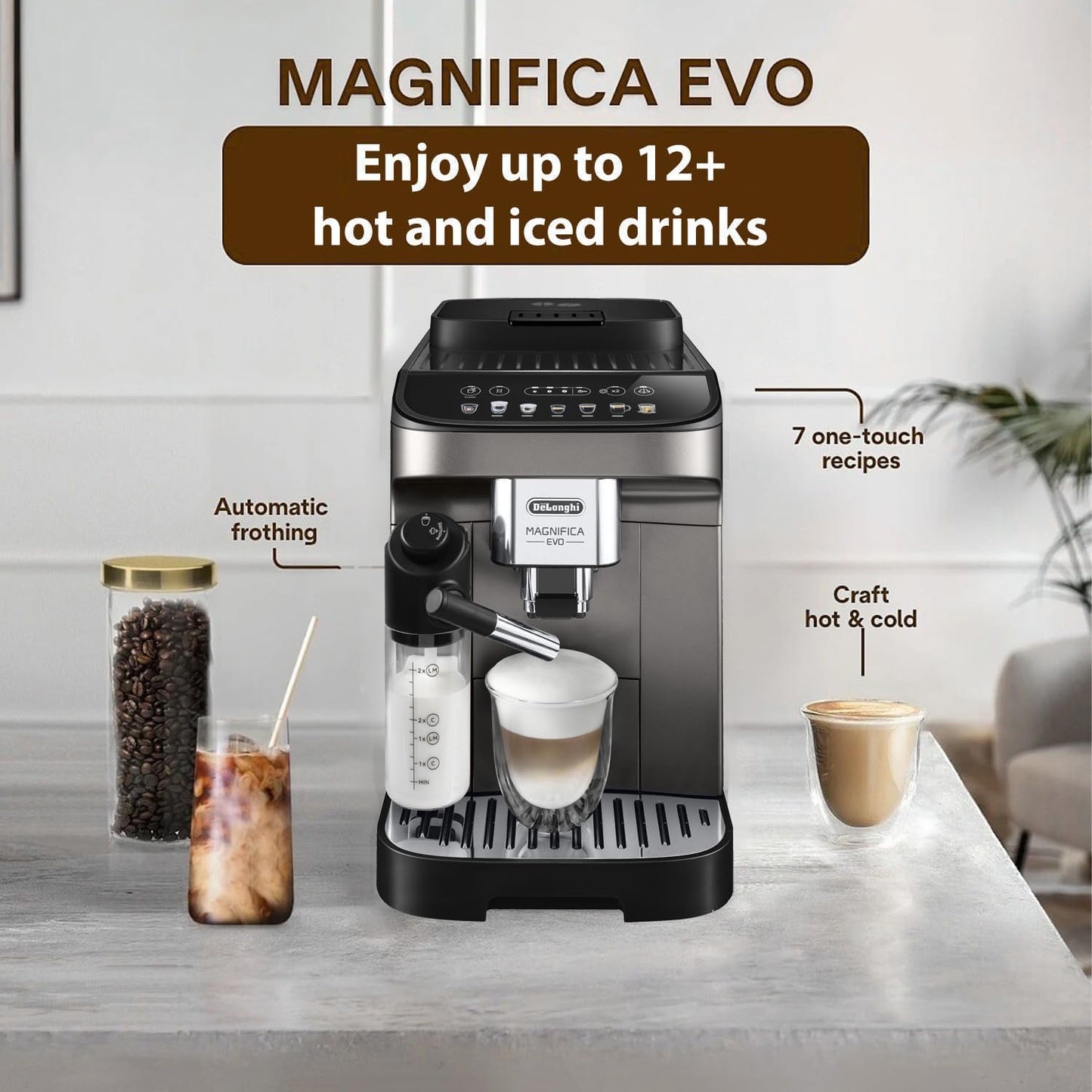 De'Longhi Magnifica EVO Bean to Cup Fully Automatic Coffee Machine, Traditional Milk Frother, Built In Grinder, ECAM290.81.TB, Titanium & Black,