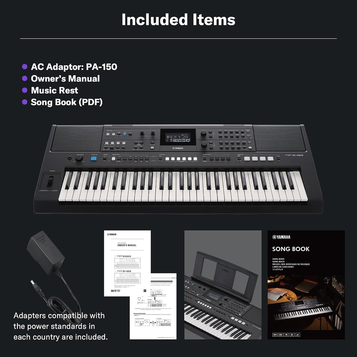 Yamaha PSR-E483 61-Key Touch-Sensitive Portable Keyboard with Sound, Music Rest and Power Adapter