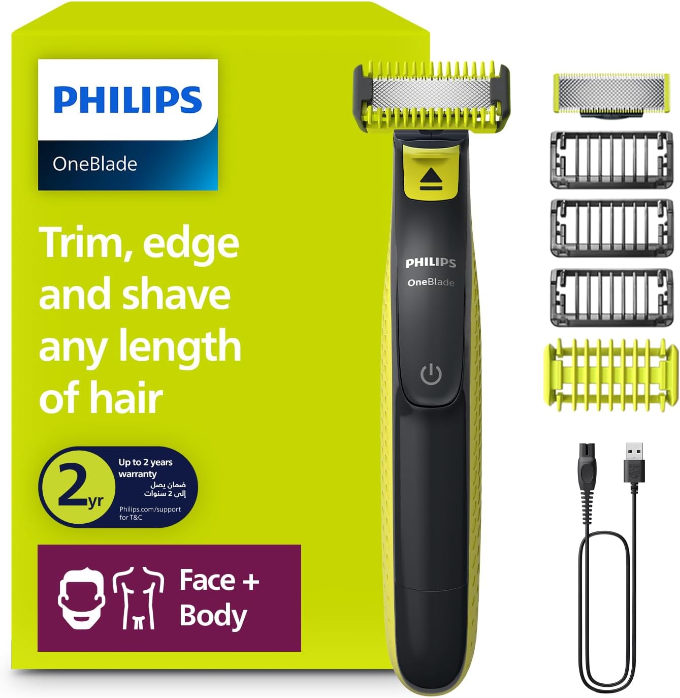 ماكينة OneBlade للوجه والجسم QP2824 من Philips | شفرة مزدوجة الجوانب | تقنية OneBlade الفريدة | 45 دقيقة من الاستخدام اللاسلكي | مقاومة للماء | أداة كهربائية لتشذيب وحلاقة اللحية