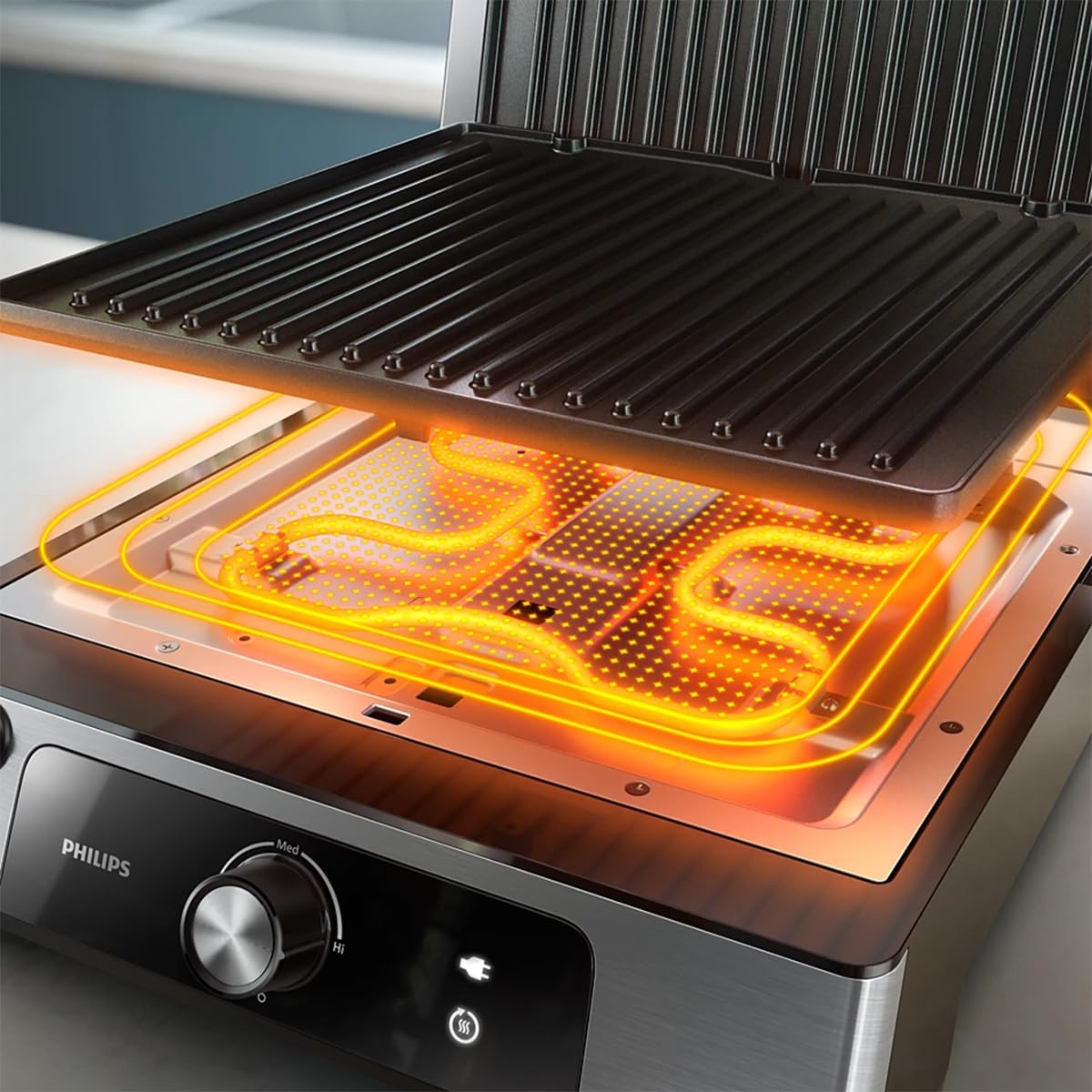 Philips Kontaktgrill - Temperaturfühler und 8 Voreingestellte Funktionen Grill mit großer Grillfläche. Digitale Temperaturregelung 60°C-220°C. Leicht zu reinigen (HD6307/70)