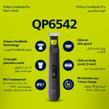 فيليبس OneBlade Pro ماكينة للوجه والجسم QP6542/10، للتشذيب والحلاقة مع مشط دقيق بـ 12 طولاً، مقاومة للماء، استخدام لاسلكي لمدة 90 دقيقة