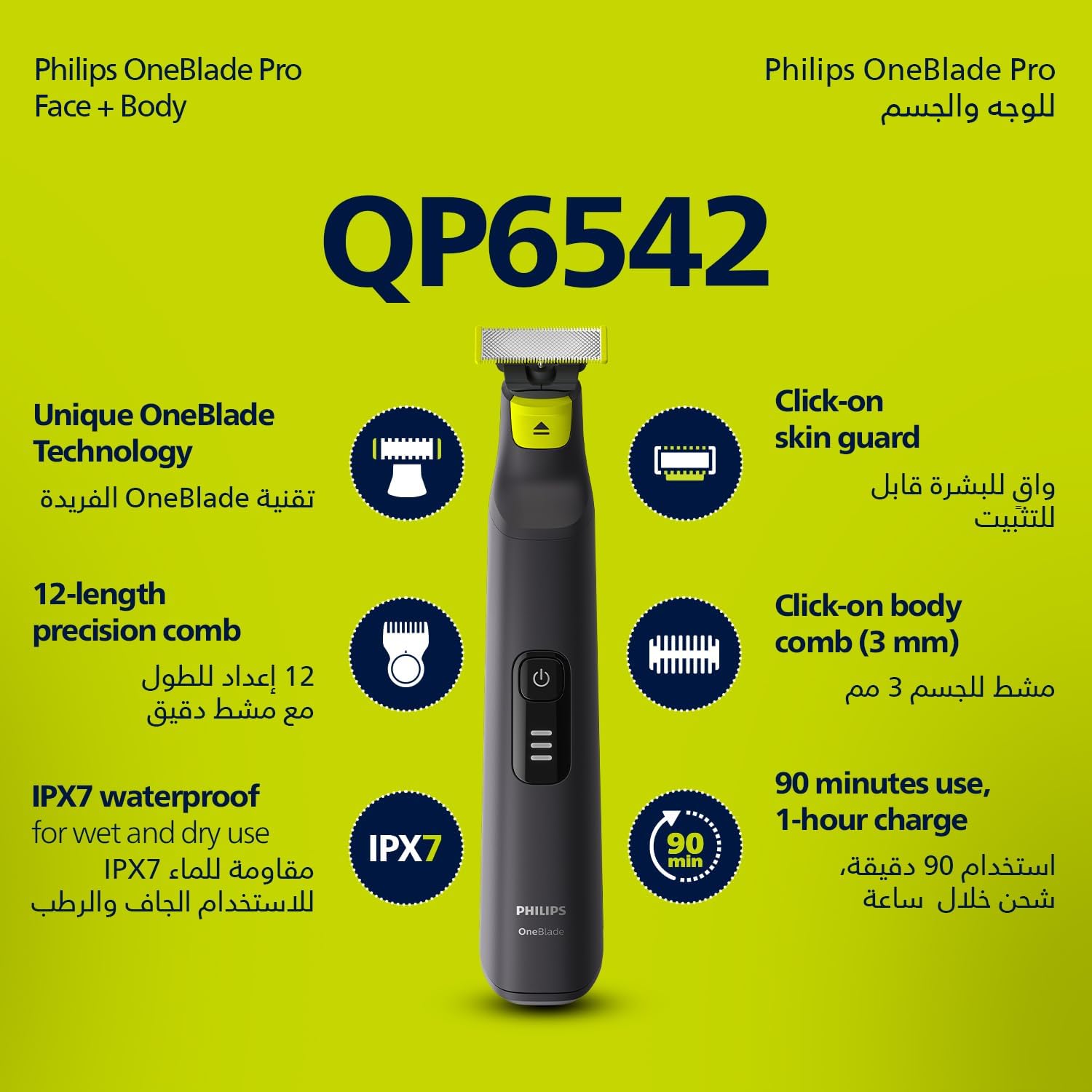 فيليبس OneBlade Pro ماكينة للوجه والجسم QP6542/10، للتشذيب والحلاقة مع مشط دقيق بـ 12 طولاً، مقاومة للماء، استخدام لاسلكي لمدة 90 دقيقة