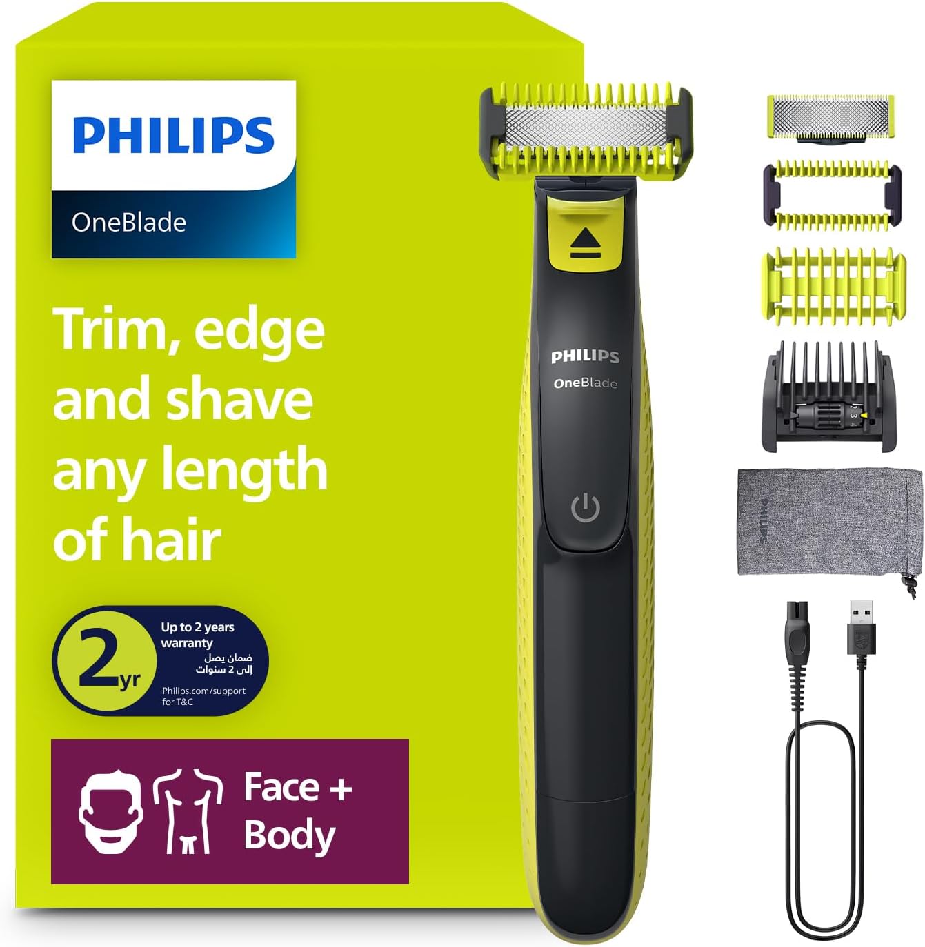 فيليبس OneBlade Pro ماكينة للوجه والجسم QP6542/10، للتشذيب والحلاقة مع مشط دقيق بـ 12 طولاً، مقاومة للماء، استخدام لاسلكي لمدة 90 دقيقة