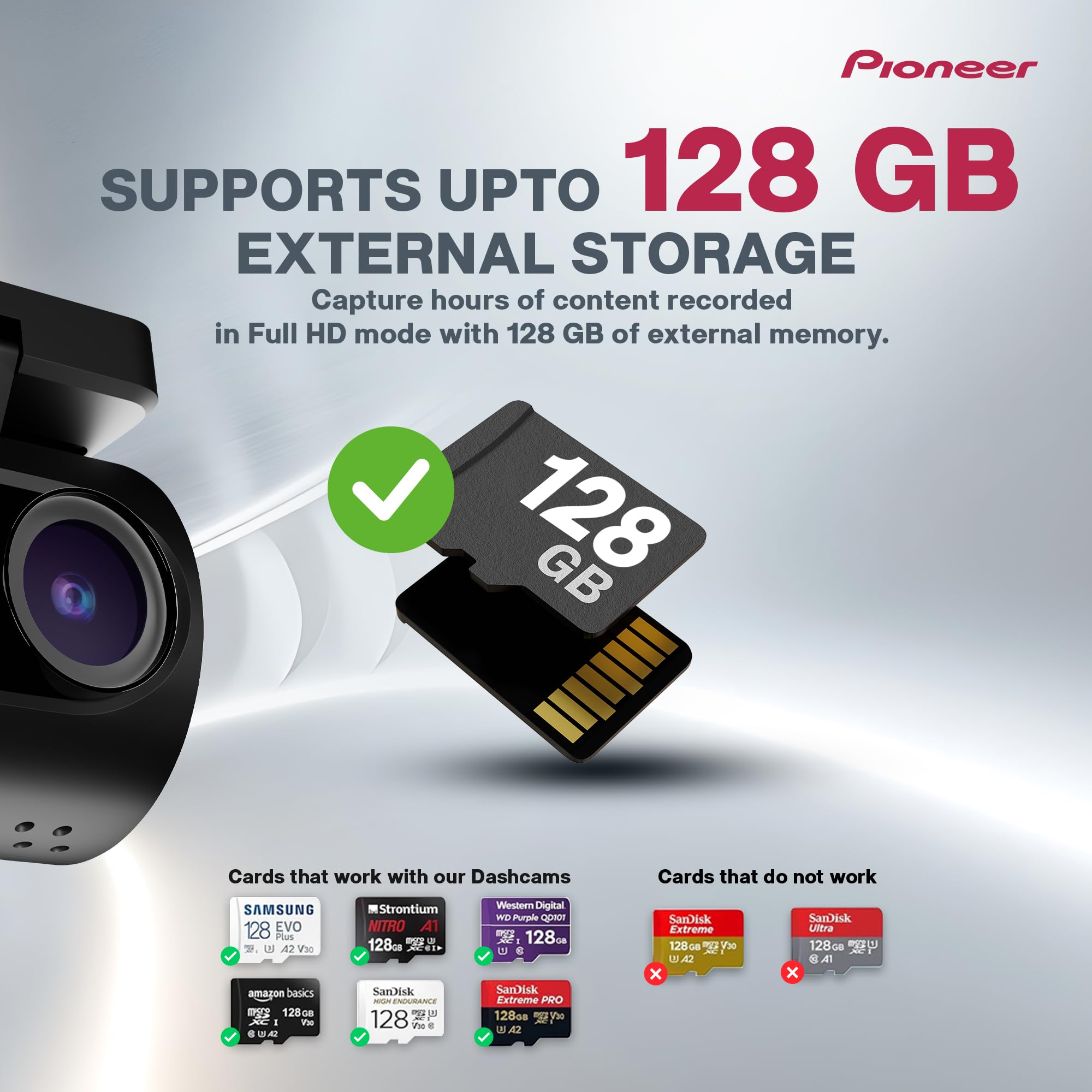 Pioneer Car Dash Camera VREC-H120SC | Super Compact Design | App Support |1296p Resolution | Wide Field of View | Wi-Fi |G-sensor | Emergency Recording | microSD Card support Upto 128GB