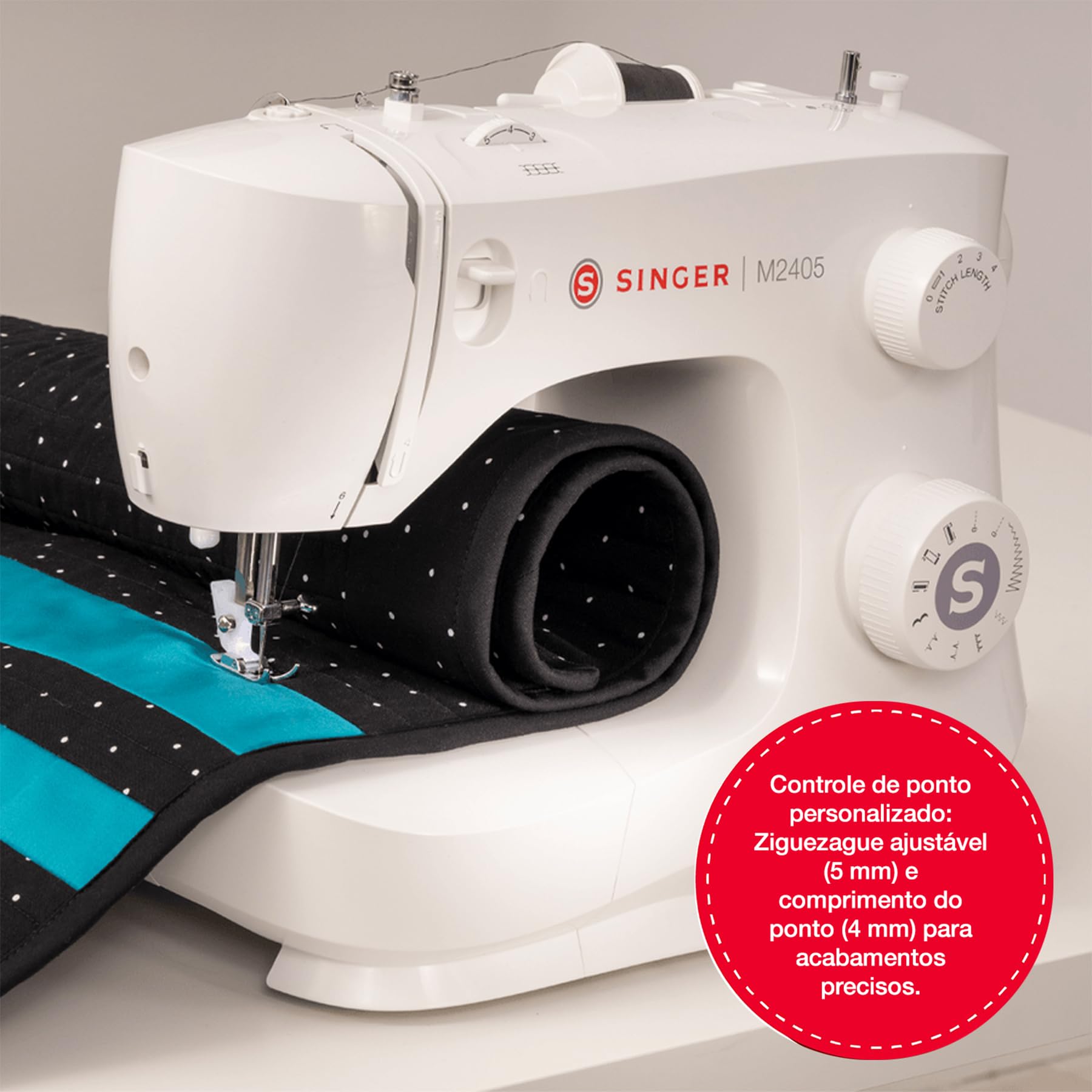 Singer M2405 Portable Sewing Machine, 8 Built-in Stitches, 4 Step Buttonhole, Foot Controller, Stitch Selection Dial, LED Light, Adjustable Stitch Length, Free Arm, Accessories Kit