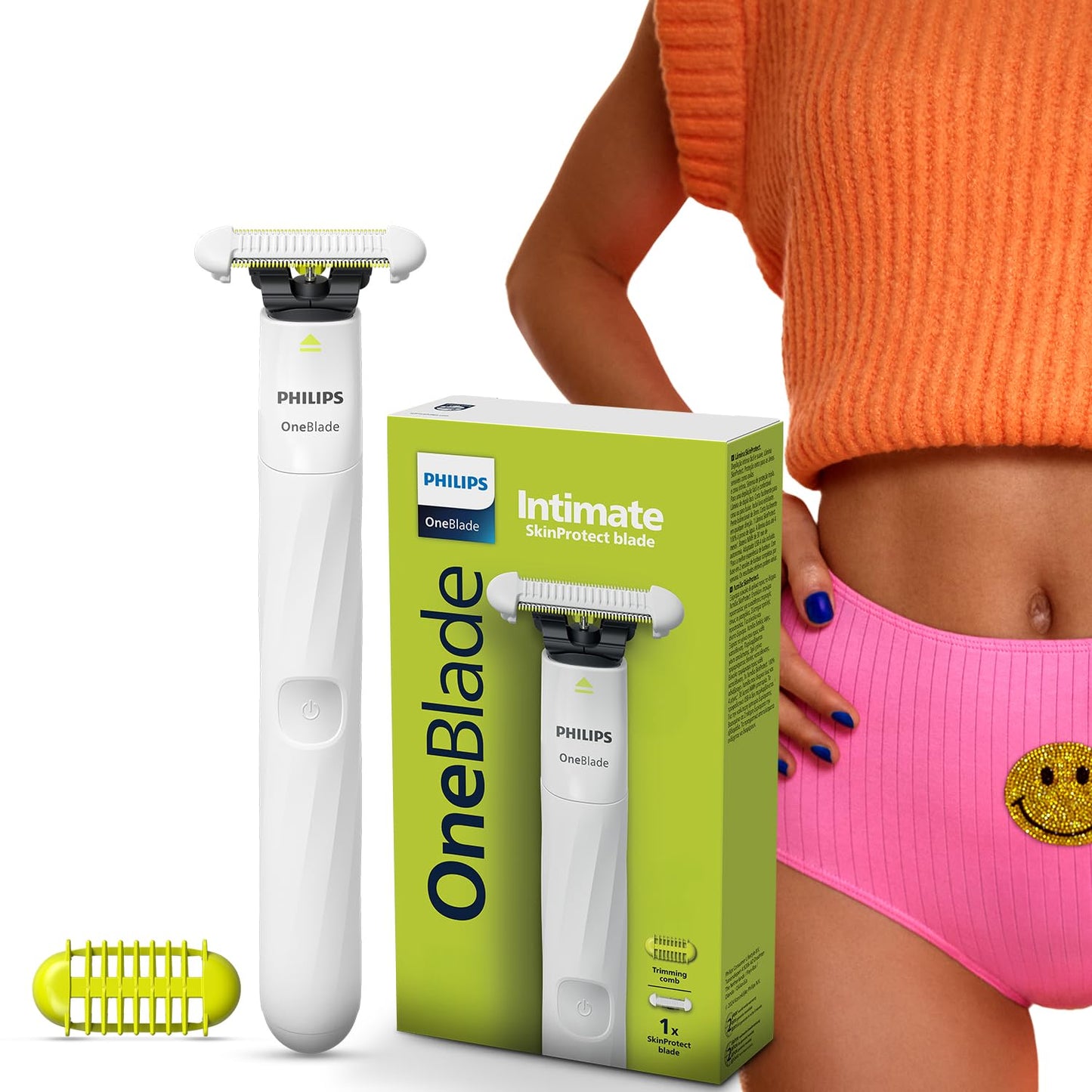 Philips OneBlade Intimate 2-in-1 Trimmer for Women | Painless Hair Removal with Patented Skin-Safe Tech | Bikini, Underarm & Body Trimmer | Sensitive Skin Tested | No post shave irritation | QP1924/20