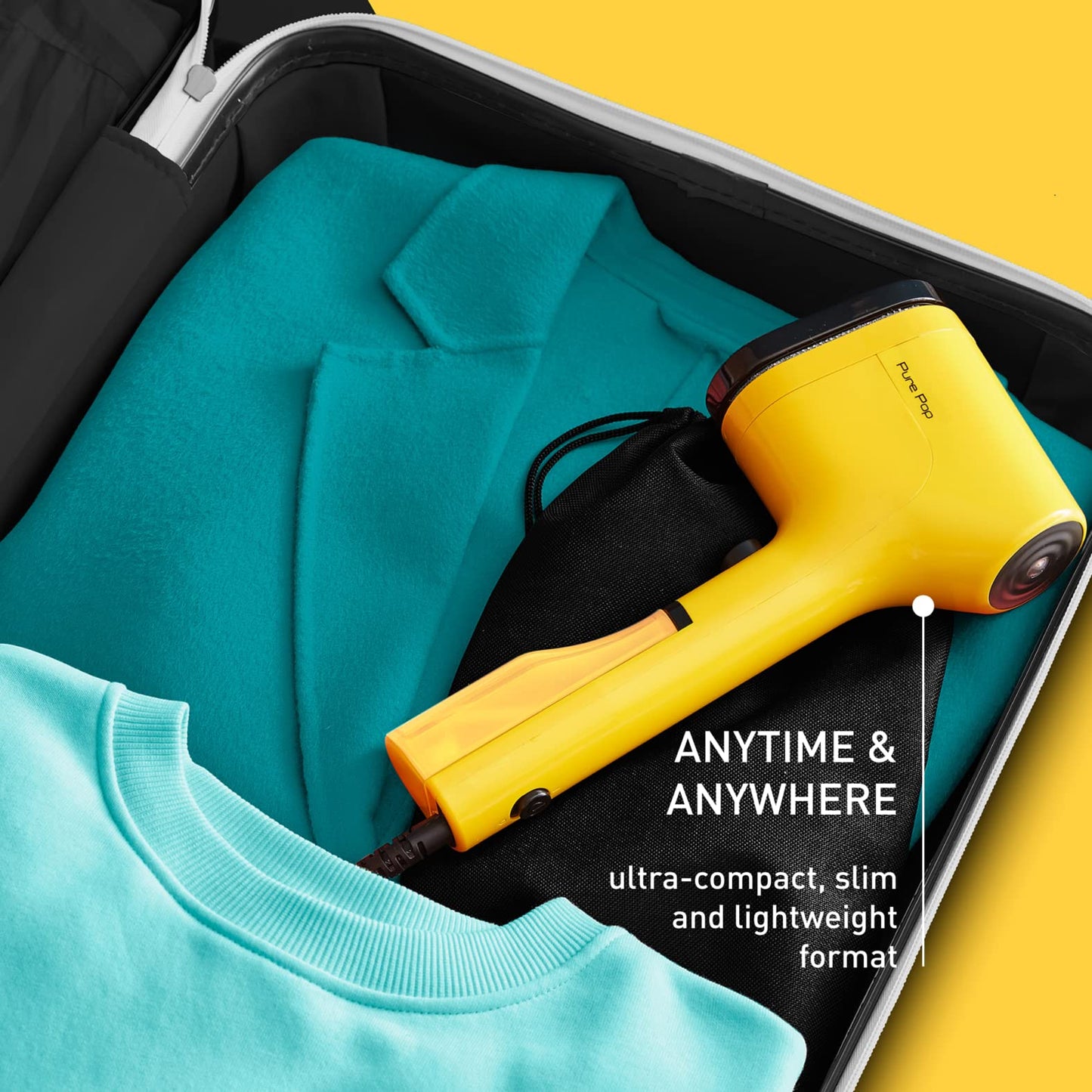 Tefal, Pure Pop Handheld Garment Steamer Sunshine Yellow, 1300W of Power 20g/min, DT2026, Garment Care, Reversible Lint Pad, Travel Bag Included, Fast Heat Up