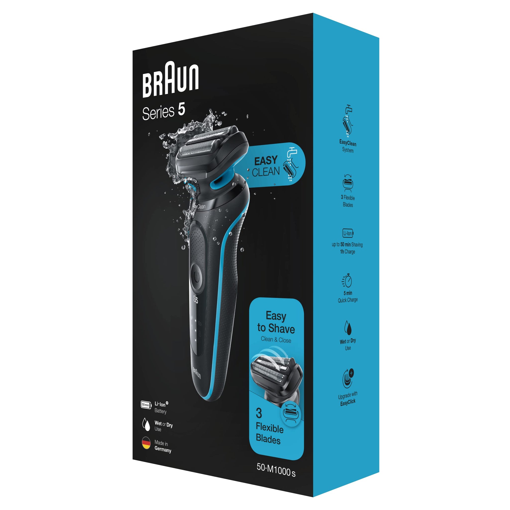 Braun Series 5 50-M1000s Wet & Dry Shaver, 3 Flexible Blades, Up to 50 min Shaving 1h Charge, 5 min Quick Charge, Mint